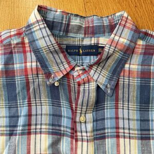 Ralph Lauren Men’s Linen Button Down Shirt Blue Multi 2XLT Madras Business EUC